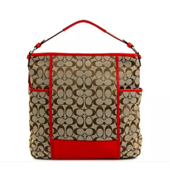 Coach Park Signature Hobo Convertible Shoulder Top Zip Khaki Vermillion Large - Picture 3 of 15